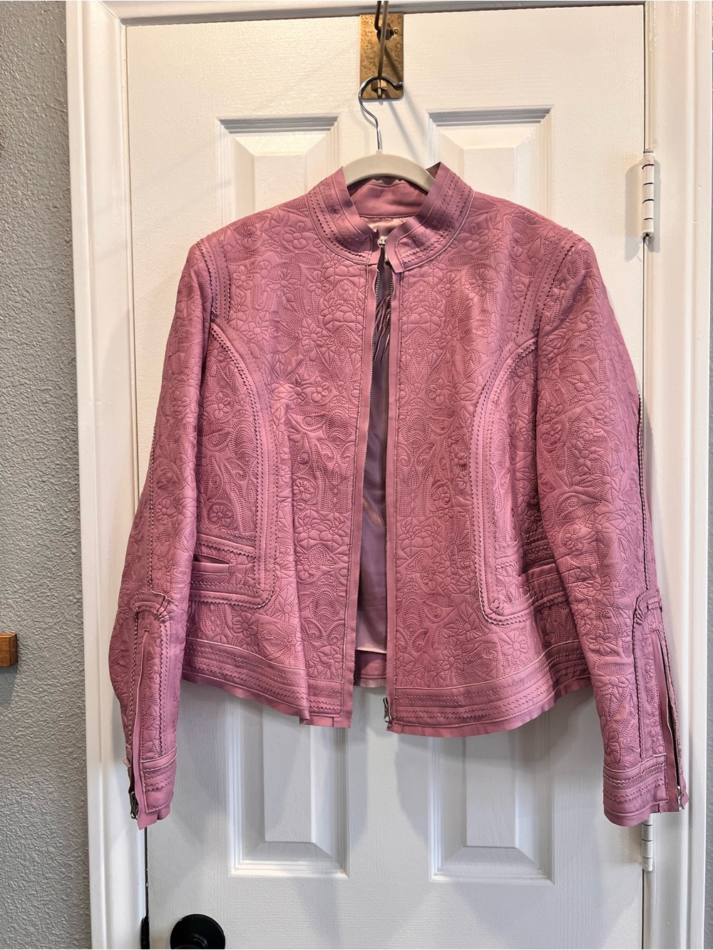 Peter Nygard Quilted Leather Moto Jacket Floral Embroidered Blush Pink Purple L